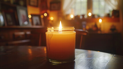 Lit candle on a table with warm lighting