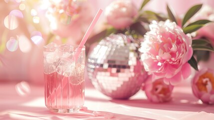Obraz na płótnie Canvas pink non alcoholic cocktail with pink straw disco ball with pink peonies in the background, pink party