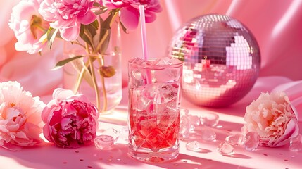 pink non alcoholic cocktail with pink straw disco ball with pink peonies in the background, pink party