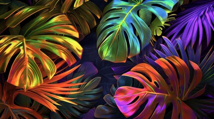 Colorful tropical leaves with neon lighting