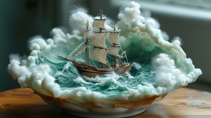 Miniature ship model in a seashell with cotton wool clouds