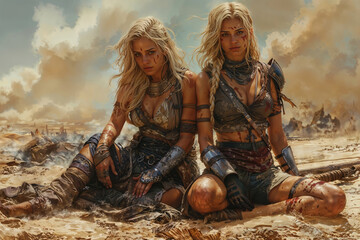 Digital painting of two female warriors taking a moment of respite amidst a desolate battlefield - obrazy, fototapety, plakaty