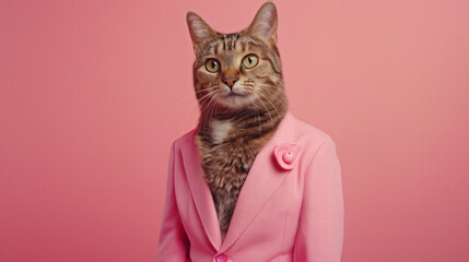 Cat Wearing a Pink Suit on a Pink Background