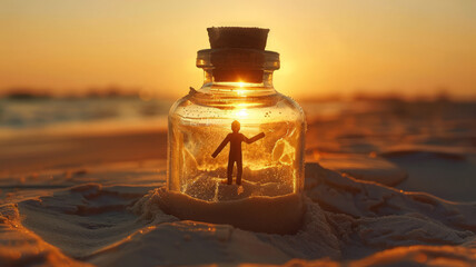 Bottle with figurine at sunset - obrazy, fototapety, plakaty
