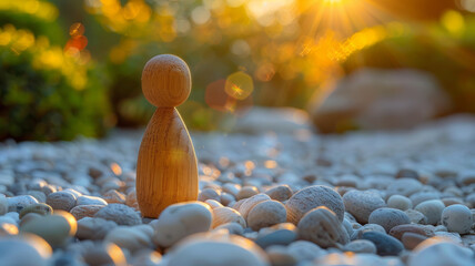 Wooden figurine on pebbles at sunset - obrazy, fototapety, plakaty