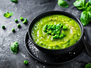 Mashed green pea soup in a dark plate on a minimalistic dark gray background, a stylish restaurant concept