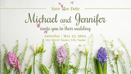 Pink and White Floral Wedding Invitation with Butterflies