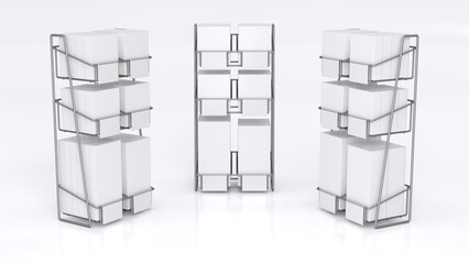 Wire retail racks mockup with blank boxes with goods, shelf talkers or price tags. 3d illustration set on white background