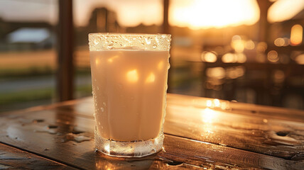Glass of milk on wooden table at sunset - obrazy, fototapety, plakaty