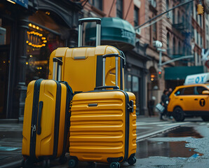 Drei gelbe Koffer auf der Straße von New York