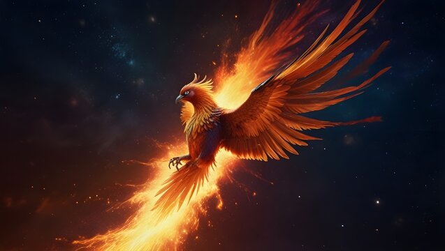Stellar Phoenix, Wings Aglow in the Night Sky, a painting of a golden phoenix