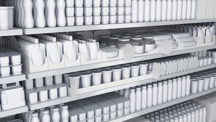 Store shelves mockup with blank dairy products, shelf talkers and shelf stoppers. 3d illustration