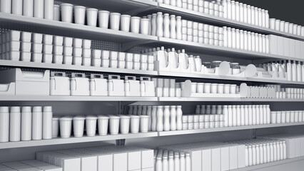 Retail shelves mockup with shelf talkers, shelf stoppers and blank dairy products in plastic packaging bottles, pouches, flow packes, boxes. 3d illustration