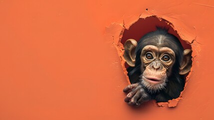 Banner with chimpanzee head peeking through a hole in orange paper wall.