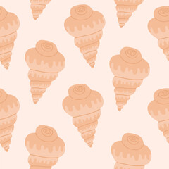 Seamless pattern with hand drawn seashell on light pink background. Template for print, fabric, greeting card and invitation. Vector illustration