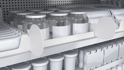 Retail shelves mockup with shelf talkers, shelf stoppers and blank dairy products in plastic packaging bottles, flow packes, boxes and glass jars. 3d illustration