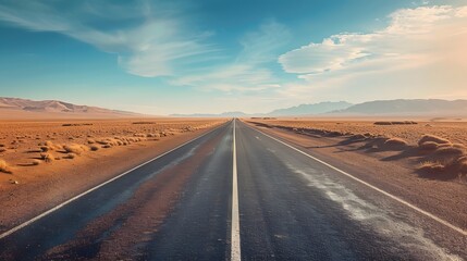 Route 66 highway road in the evening sunset with desert mountains in the background landscape
