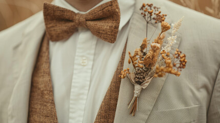Wedding boho style boutonniere close up, groom in beige suit with bow-tie