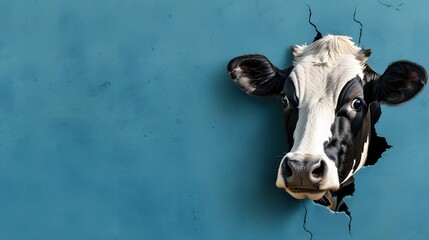 A playful image depicting a cow peeking through a tear in a blue paper background, with a sense of curiosity and surprise
