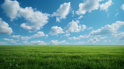 Fototapeta premium Green grass field on small hills and blue sky with clouds. Summer spring landscape background. Generative AI.