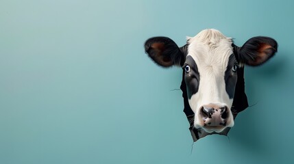 A playful image depicting a cow peeking through a tear in a blue paper background, with a sense of curiosity and surprise - obrazy, fototapety, plakaty