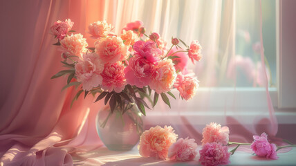 A vase of peonies on a window sill
