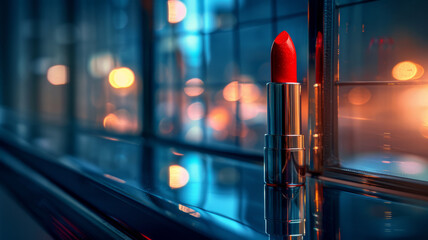 A red lipstick on a window sill with bokeh lights. - obrazy, fototapety, plakaty
