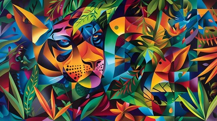 Capture the vibrant chaos of a Jungle Exploration in Surrealistic Cubism style, with sharp angles and vivid colors, portraying exotic creatures and lush foliage - obrazy, fototapety, plakaty