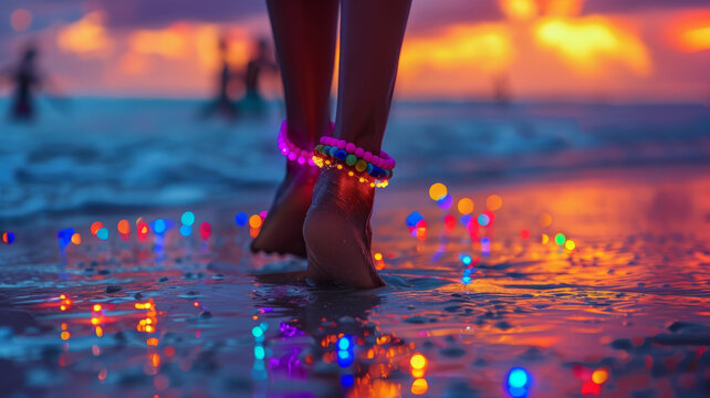 Two feet with an ankle bracelet on the beach at sunset
