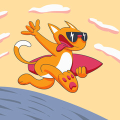 Orange Cat Running with Surfboard Cartoon Vector Illustration
