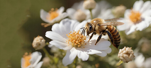 Bee on a white flower, close-up, selective ,generative ai