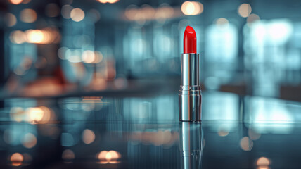 A red lipstick on reflective surface - obrazy, fototapety, plakaty