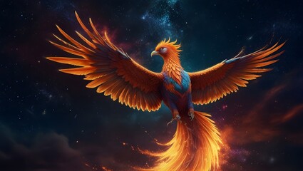 The Flight of the Golden Phoenix,, phoenix image, a painting of a golden  phoenix