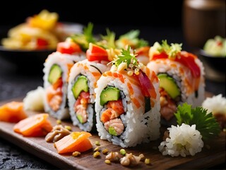 Close up  roll sushi with vegetables on white rice plate
