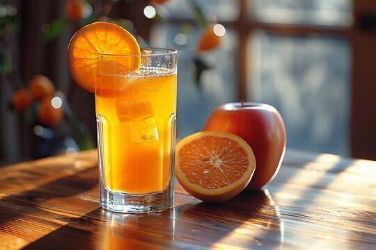 Glass of orange juice on table beside grapefruit, citrus cocktail ingredients