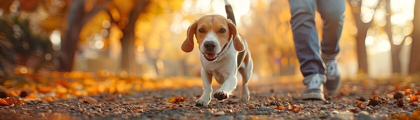 A vet and a joyful beagle play fetch in a sunny park, the dog's tail wagging enthusiastically - obrazy, fototapety, plakaty