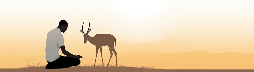 A vet carefully extracts a thorn from a limping gazelle's foot in the golden savannah, under the watchful eye of the setting sun - obrazy, fototapety, plakaty