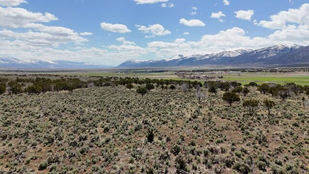 Aerial-Ascending-Sagebrush flat revealing distant valley with farm fields just sprouting green in the early spring with distant snowy mountains under blue sky dotted with fluffy white clouds.