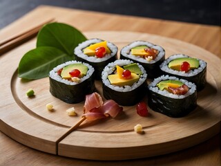 Close up  roll sushi with vegetables on white rice plate