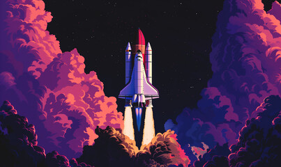 space shuttle launching, spaceship taking off, discovery and exploration concept - obrazy, fototapety, plakaty