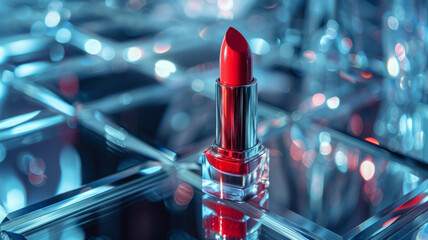Red lipstick on reflective surface. - obrazy, fototapety, plakaty