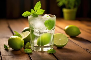 Cold Iced Mojito, Lemon Water Drink, Mint Lemonade, Lemon Cocktail on Wood Rustic Background Closeup
