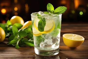 Cold Iced Mojito, Lemon Water Drink, Mint Lemonade, Lemon Cocktail on Wood Rustic Background Closeup
