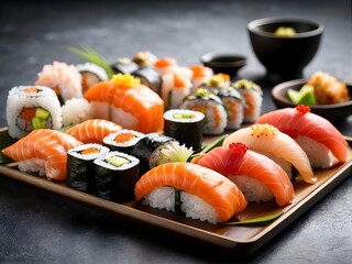 Close up  roll sushi with vegetables on white rice plate