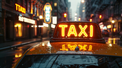 Illuminated taxi sign on a rainy night.