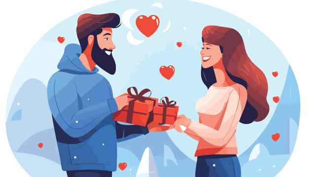 Bearded man giving gift to surprised woman. Present