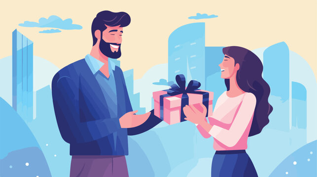 Bearded man giving gift to surprised woman. Present