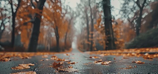 Wet asphalt road passing through the autumn forest. space for text or advertising
