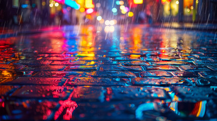 Wet city street with colorful reflections - obrazy, fototapety, plakaty