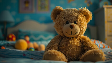 Teddy bear on a child's bed.